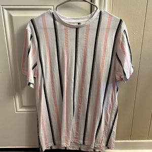 Denim an flowers pink and black striped shirt